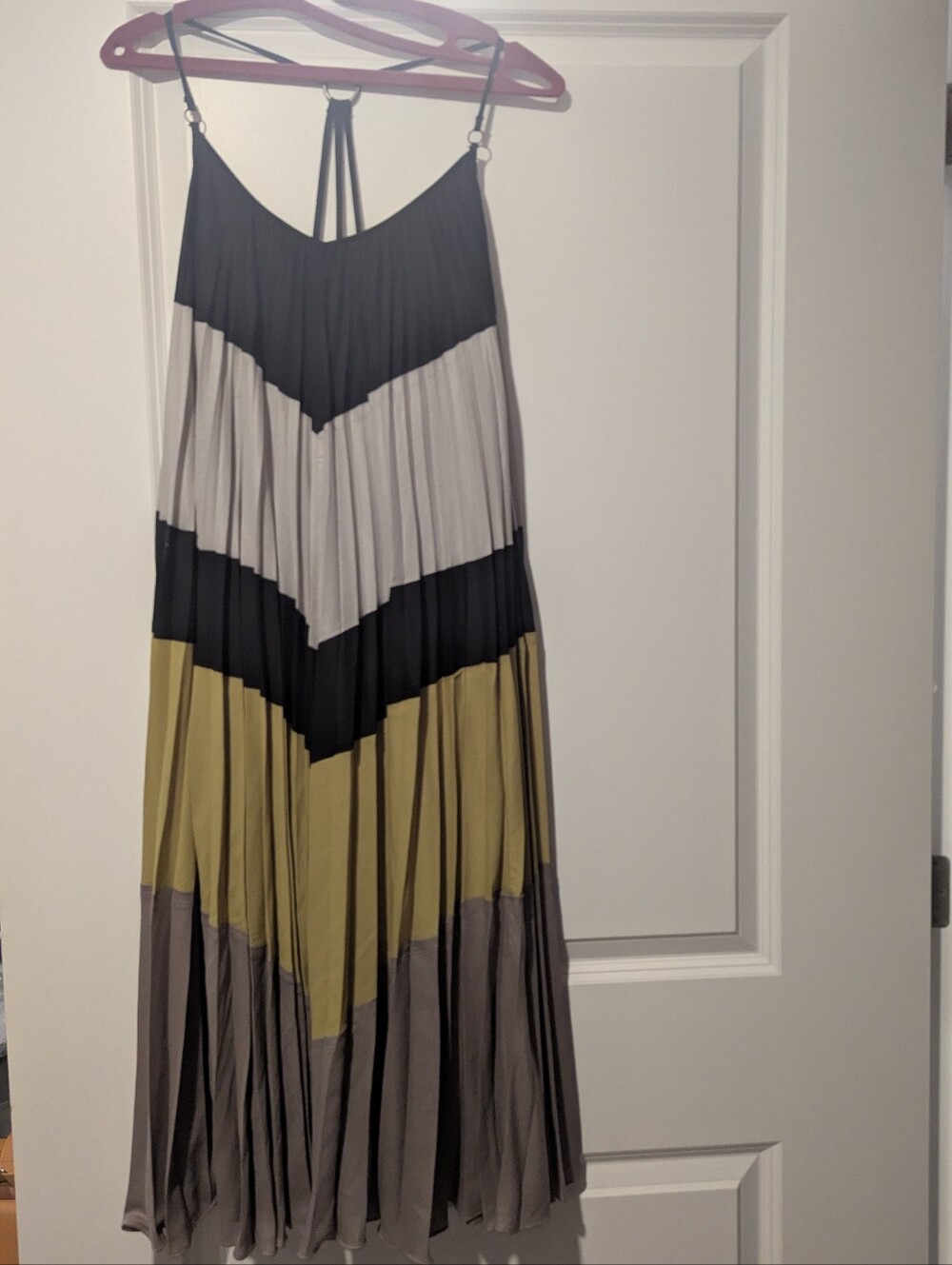 BCBGMAXAZRIA Striped Chevron Maxi Dress in Black, Gray & Ochre